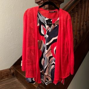 Nic + Zoe orange-red cardigan (xl) and print tank (L) set.